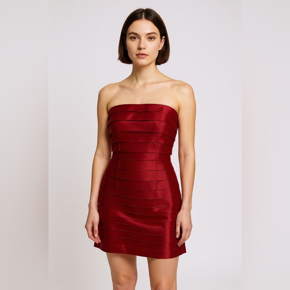 90s red tiered strapless cocktail dress with shawl cape